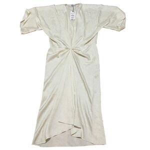 Zara Women's M Textured Midi‎ Dress Cream V Neck Kimono Sleeve Twist Front NWT